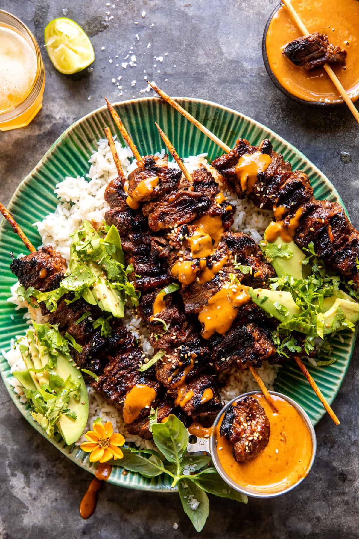 Sesame Ginger Steak Skewers with Peanut Sauce | halfbakedharvest.com