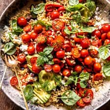 Greek Roasted Red Pepper Tomato Feta Orzo | halfbakedharvest.com