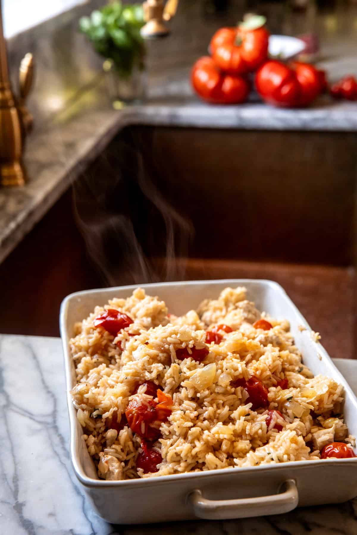 Tomato Cheddar Chicken and Rice Bake | halfbakedharvest.com
