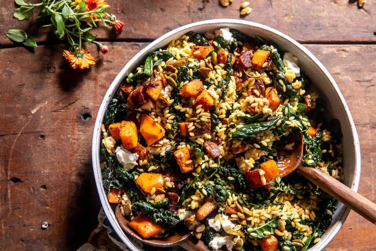 Butternut Squash Orzo Salad with Candied Bacon | halfbakedharvest.com
