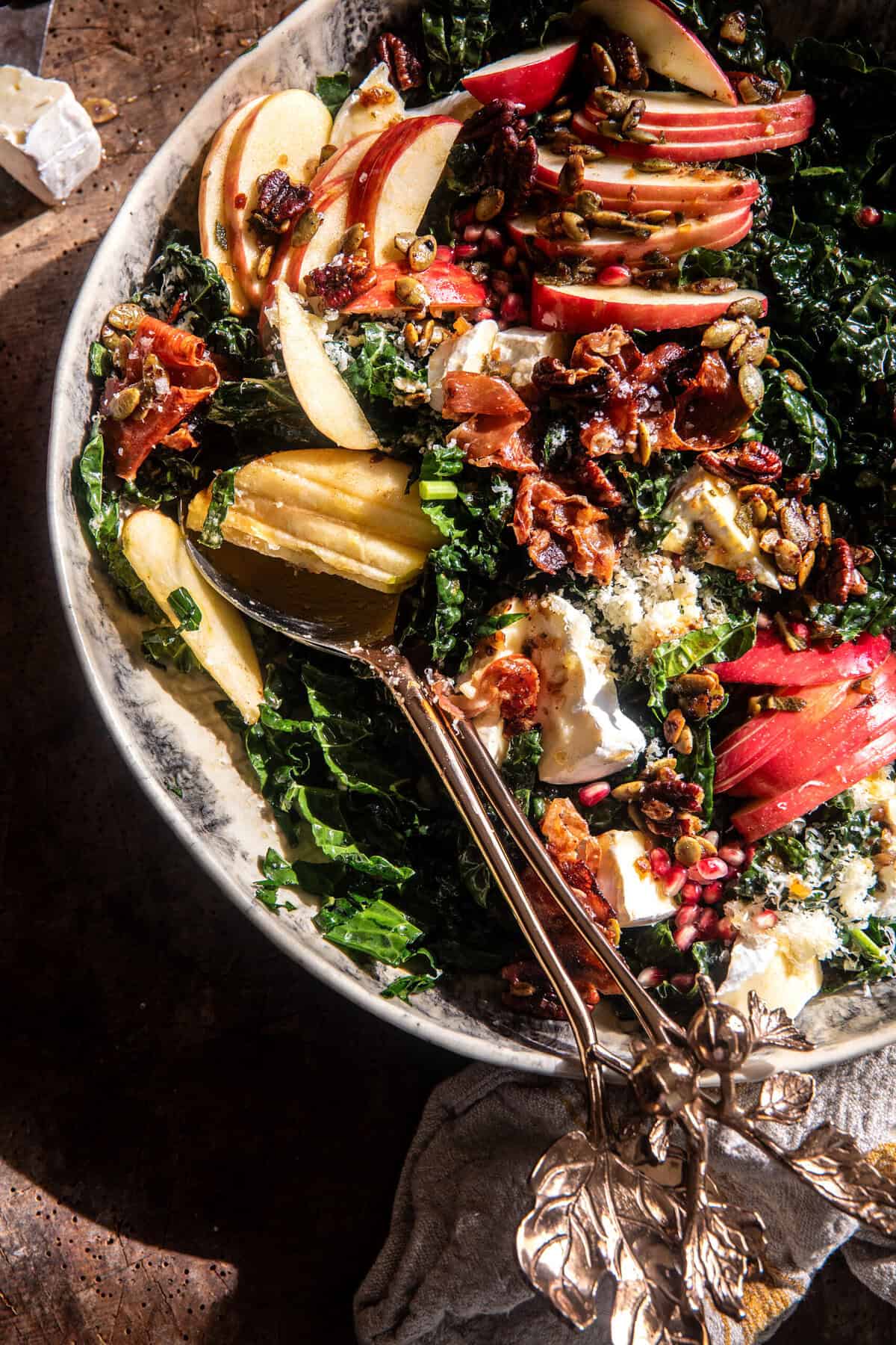 Harvest Brie and Cheddar Apple Kale Salad | halfbakedharvest.com