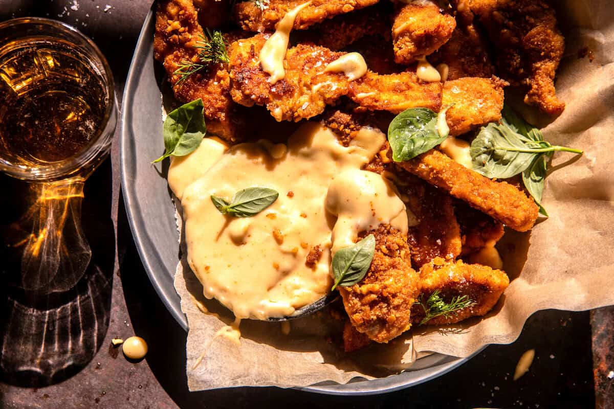 Pretzel Chicken Fingers with Spicy Honey Mustard Sauce | halfbakedharvest.com