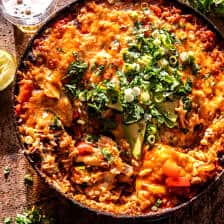 One Skillet Cheesy Salsa Chicken Rice Bake | halfbakedharvest.com