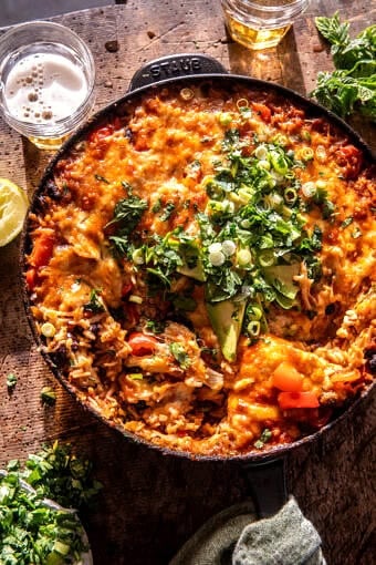 One Skillet Cheesy Salsa Chicken Rice Bake | halfbakedharvest.com