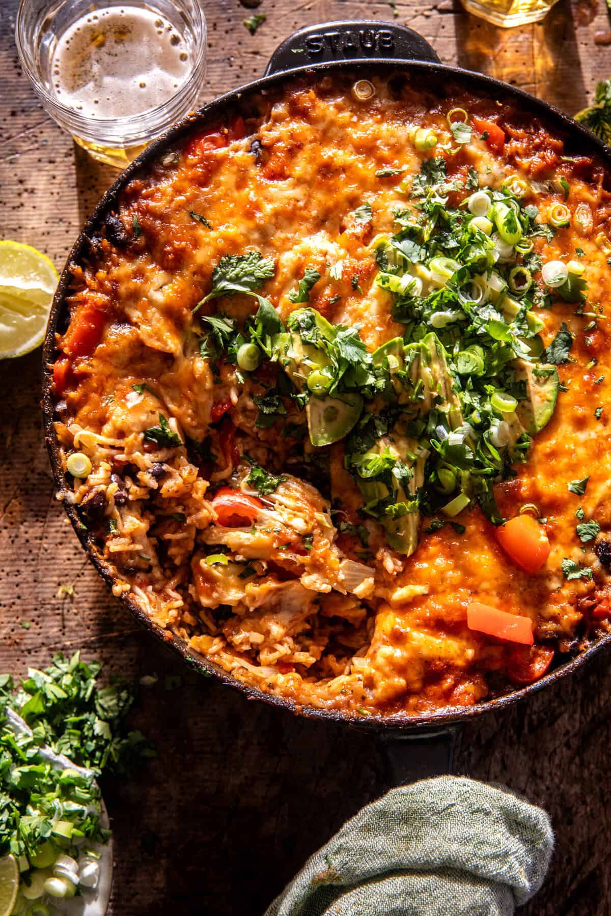 One Skillet Cheesy Salsa Chicken Rice Bake | halfbakedharvest.com