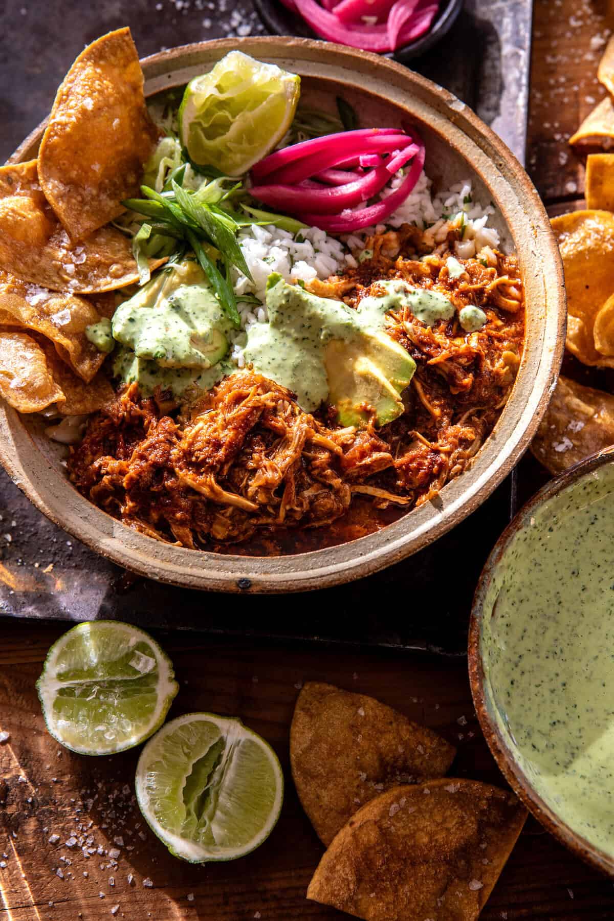 Crockpot Salsa Verde Chicken Tortilla Bowl | halfbakedharvest.com