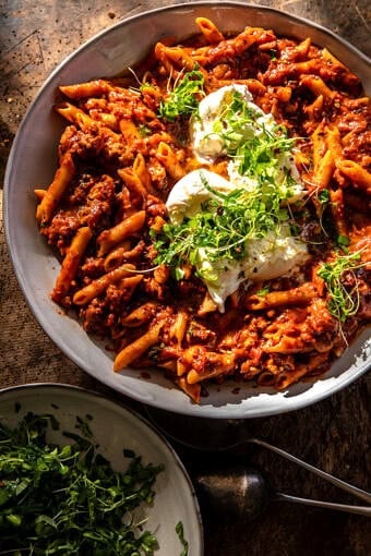 Easy One Pot Spicy Tomato Basil Pesto Pasta | halfbakedharvest.com