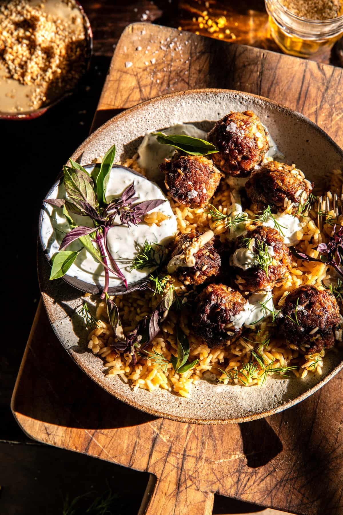 One Skillet Greek Meatballs and Lemon Rice | halfbakedharvest.com