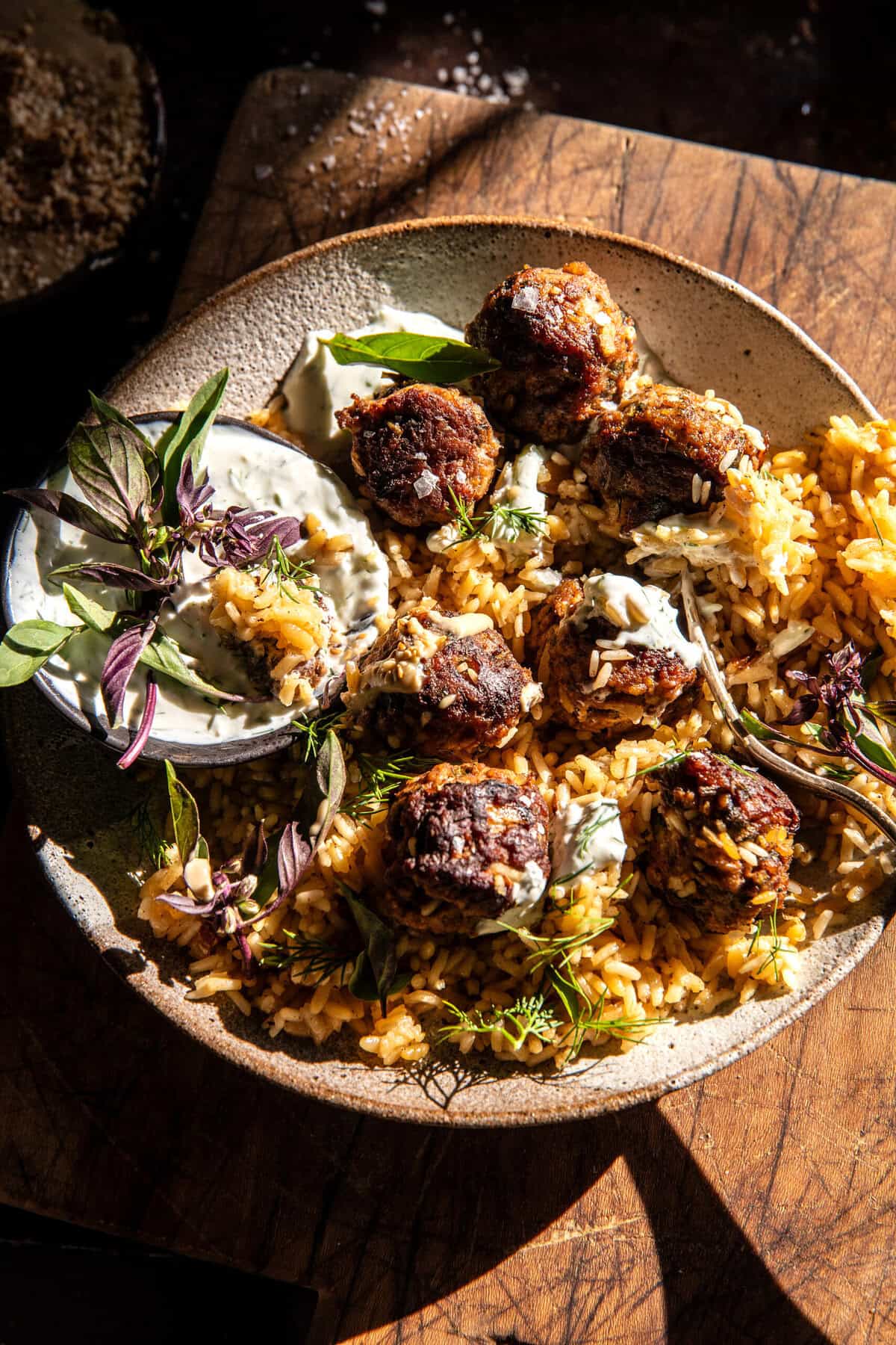 One Skillet Greek Meatballs and Lemon Rice | halfbakedharvest.com