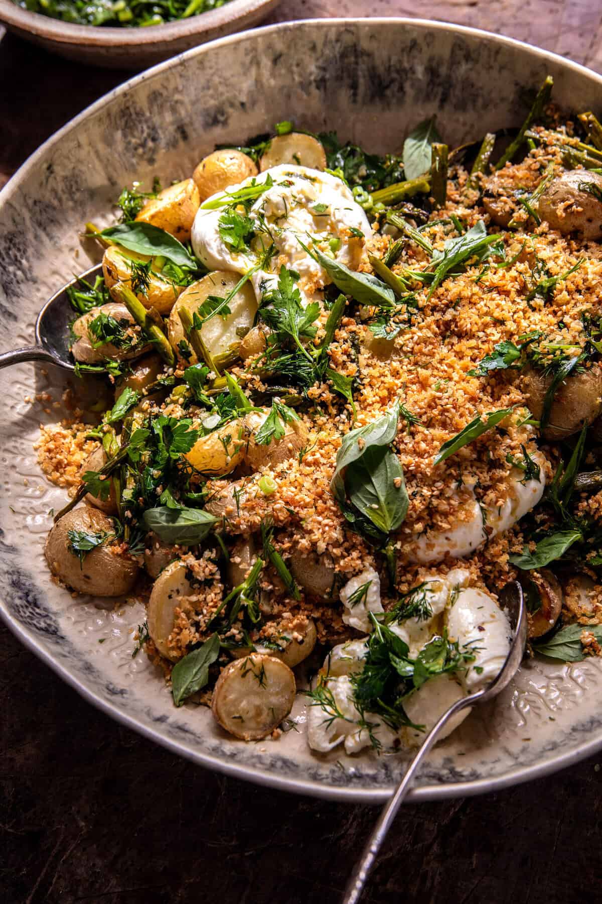 Roasted Asparagus and Potatoes with Sesame Breadcrumbs and Burrata | halfbakedharvest.com