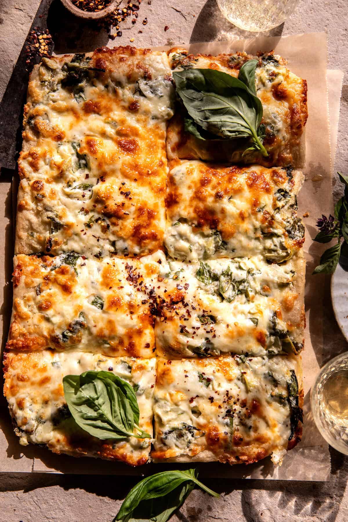 Sheet Pan Spinach Artichoke Dip Pizza | halfbakedharvest.com