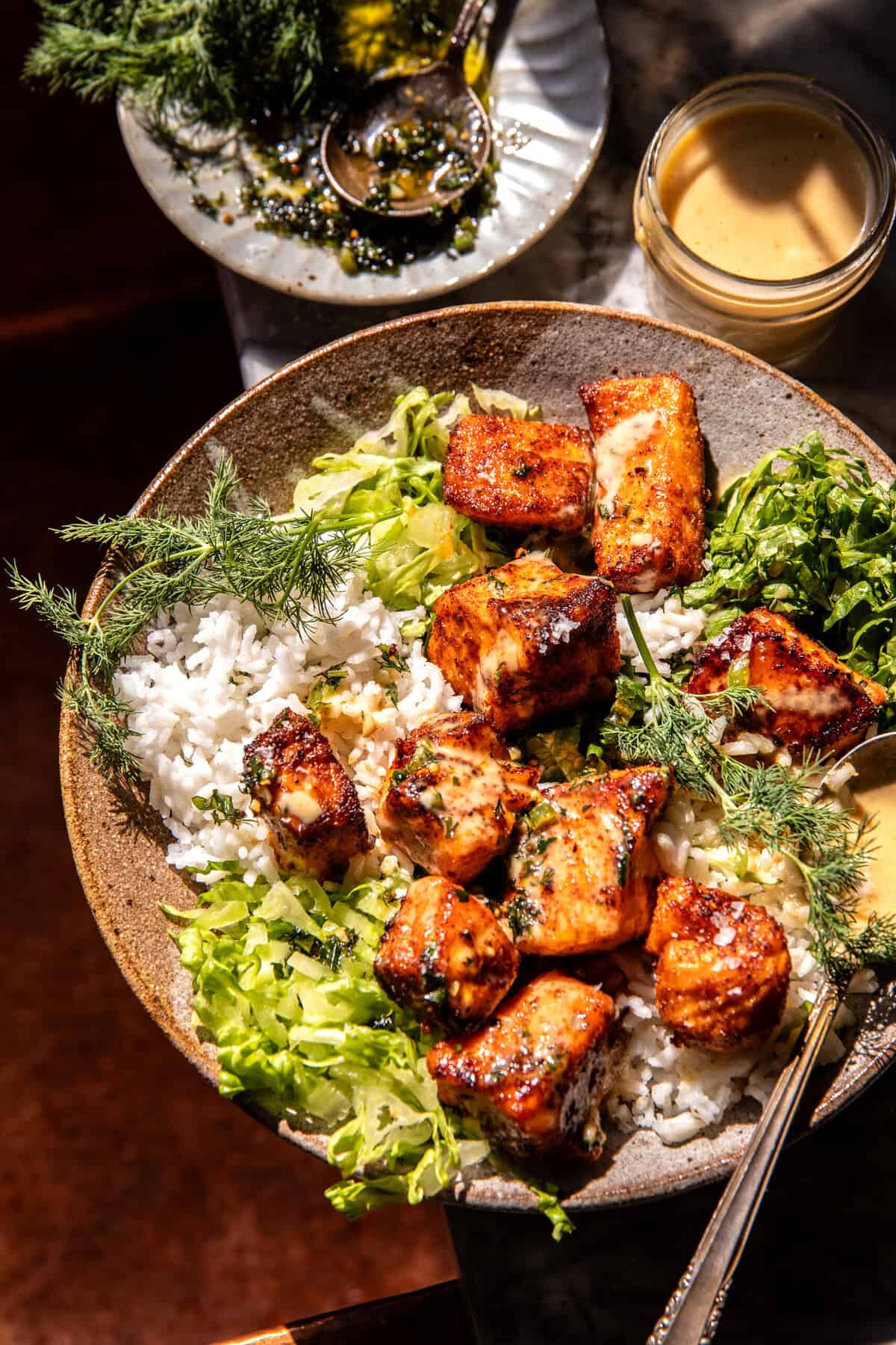 Spicy Honey Mustard Salmon Bowls | halfbakedharvest.com