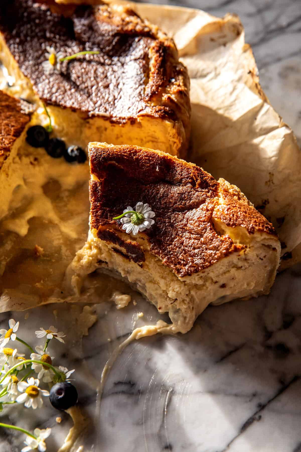 Custardy Burnt Basque Blueberry Cheesecake | halfbakedharvest.com