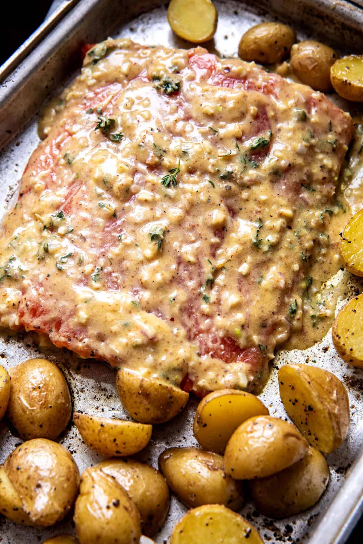Sheet Pan Dijon Salmon and Panko Potatoes | halfbakedharvest.com