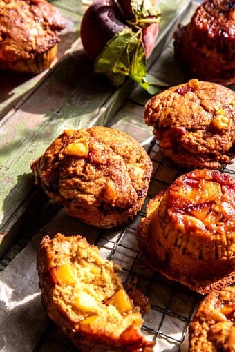 Jumbo Caramel Peach Cobbler Muffins | halfbakedharvest.com
