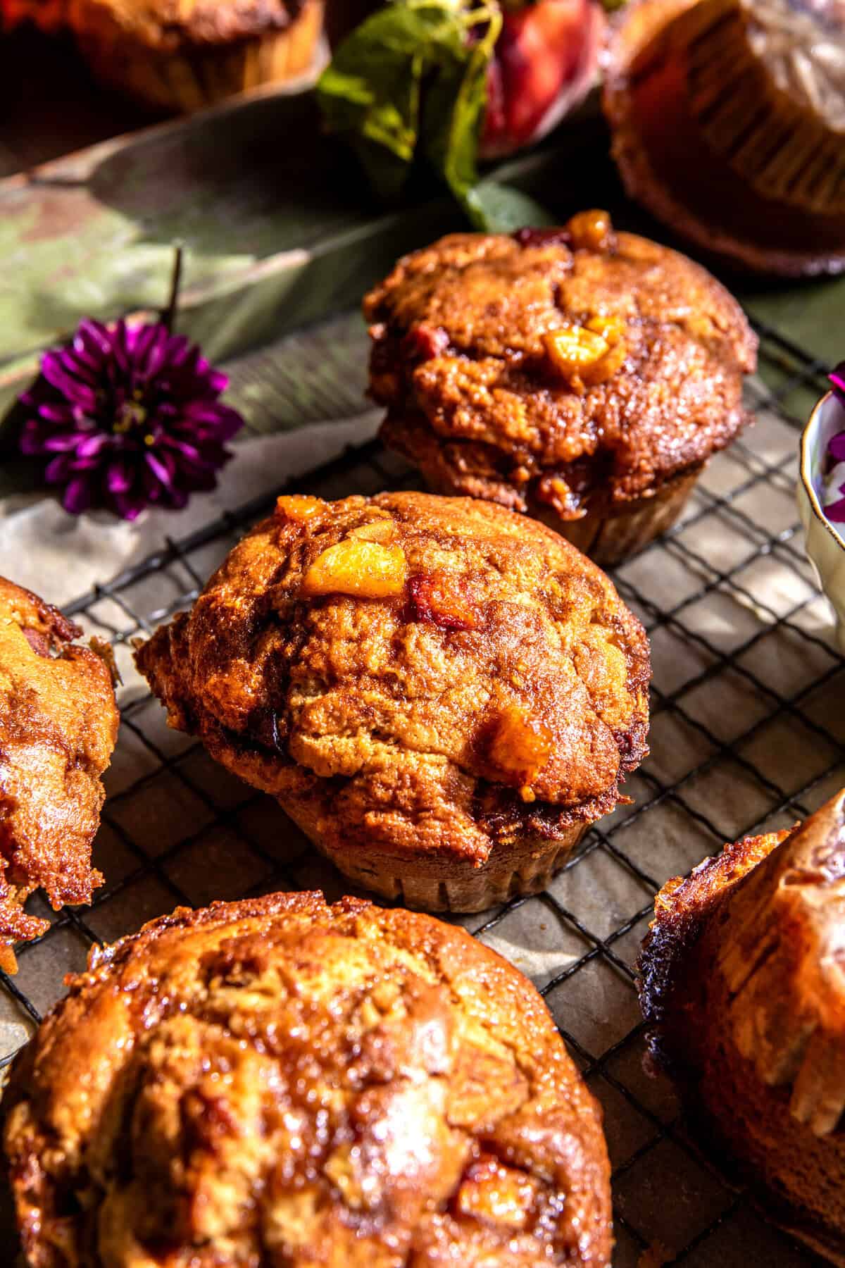 Jumbo Caramel Peach Cobbler Muffins | halfbakedharvest.com