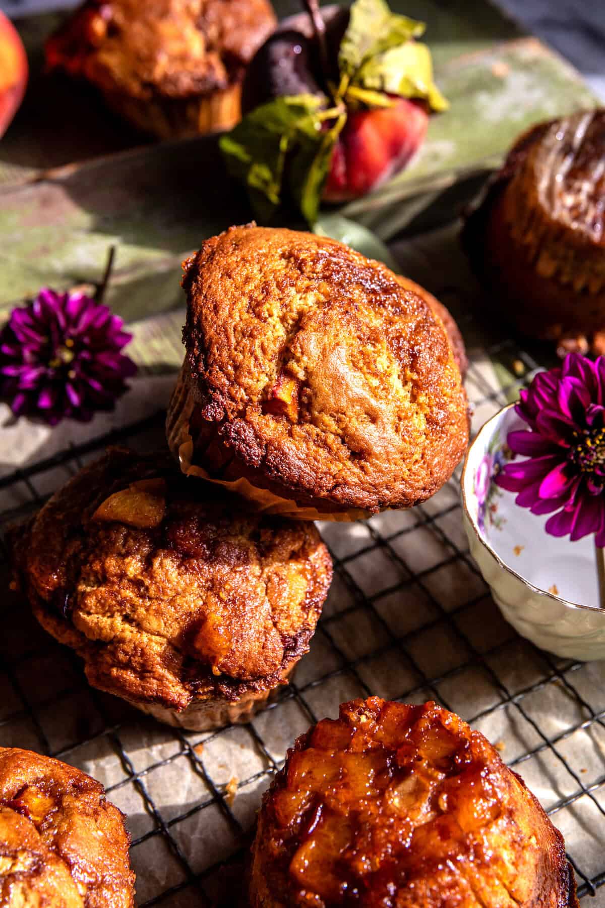 Jumbo Caramel Peach Cobbler Muffins | halfbakedharvest.com