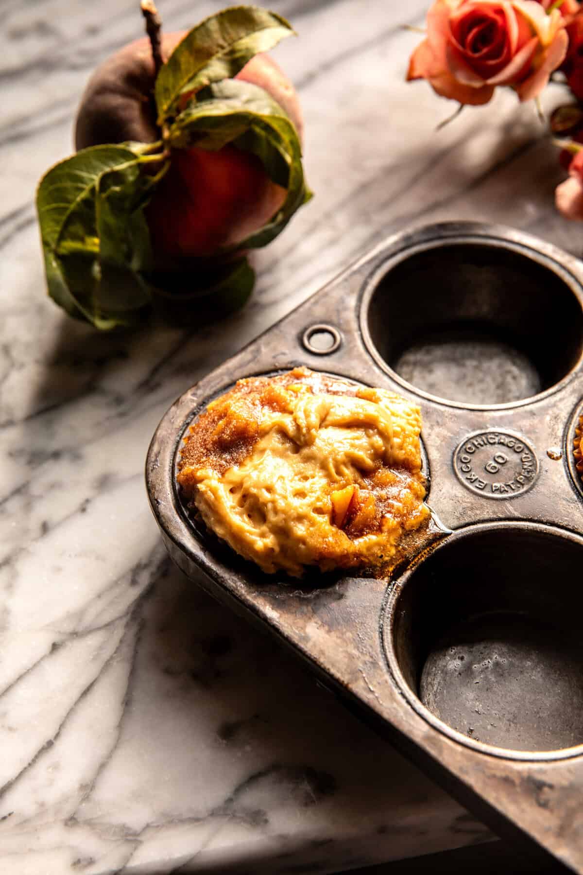 Jumbo Caramel Peach Cobbler Muffins |  halfbakedharvest.com
