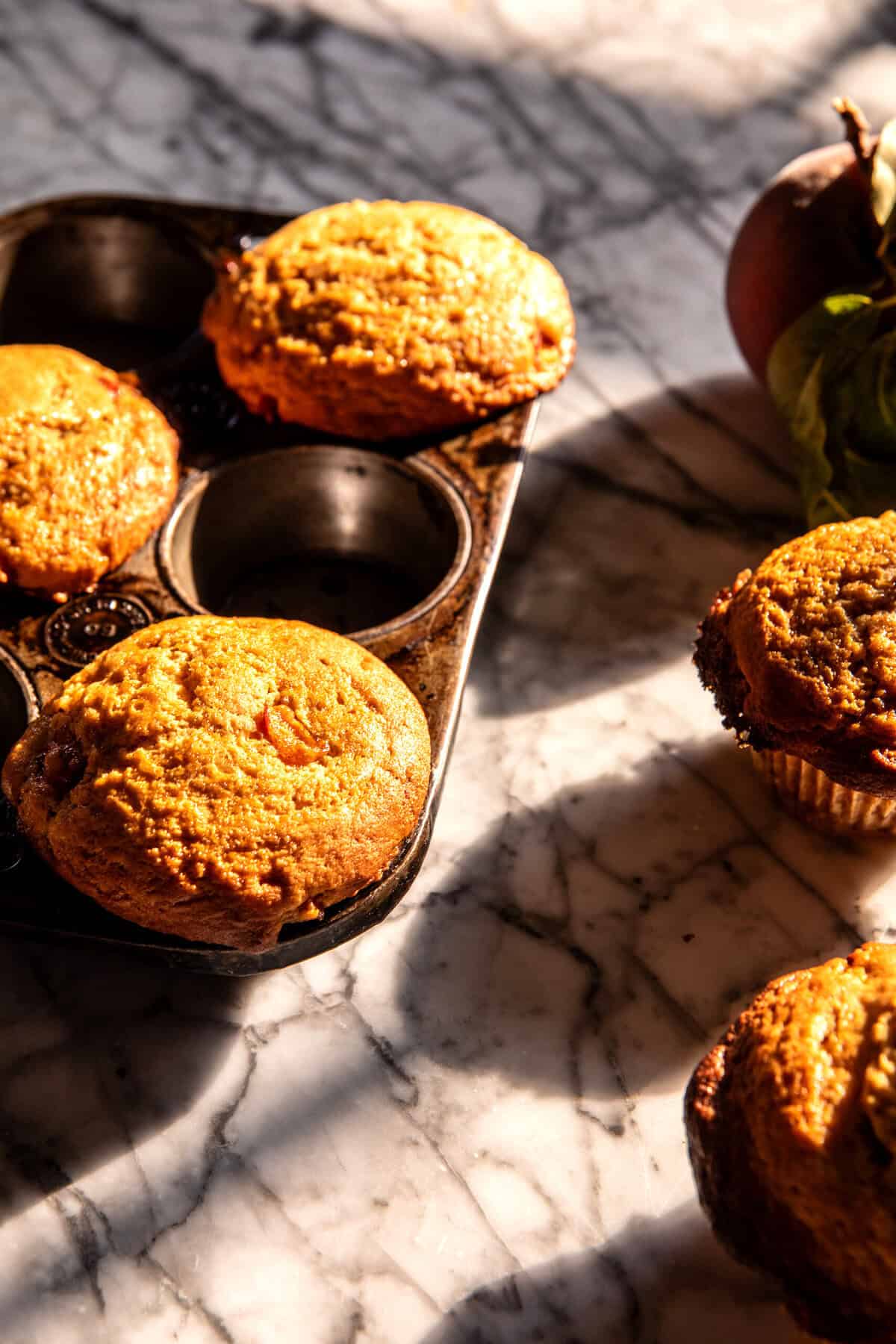 Jumbo Caramel Peach Cobbler Muffins |  halfbakedharvest.com