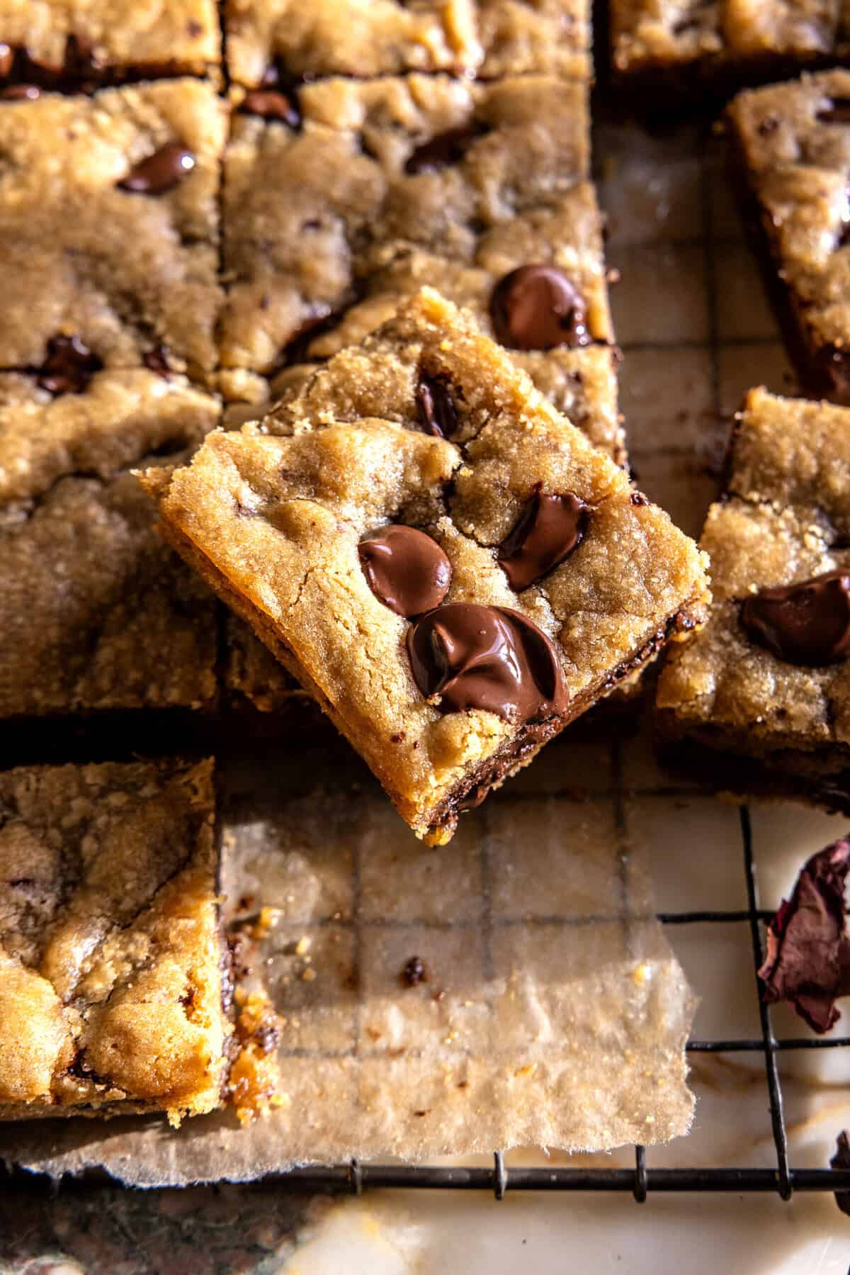 Doughy Tahini Chocolate Chip Cookie Bars | halfbakedharvest.com