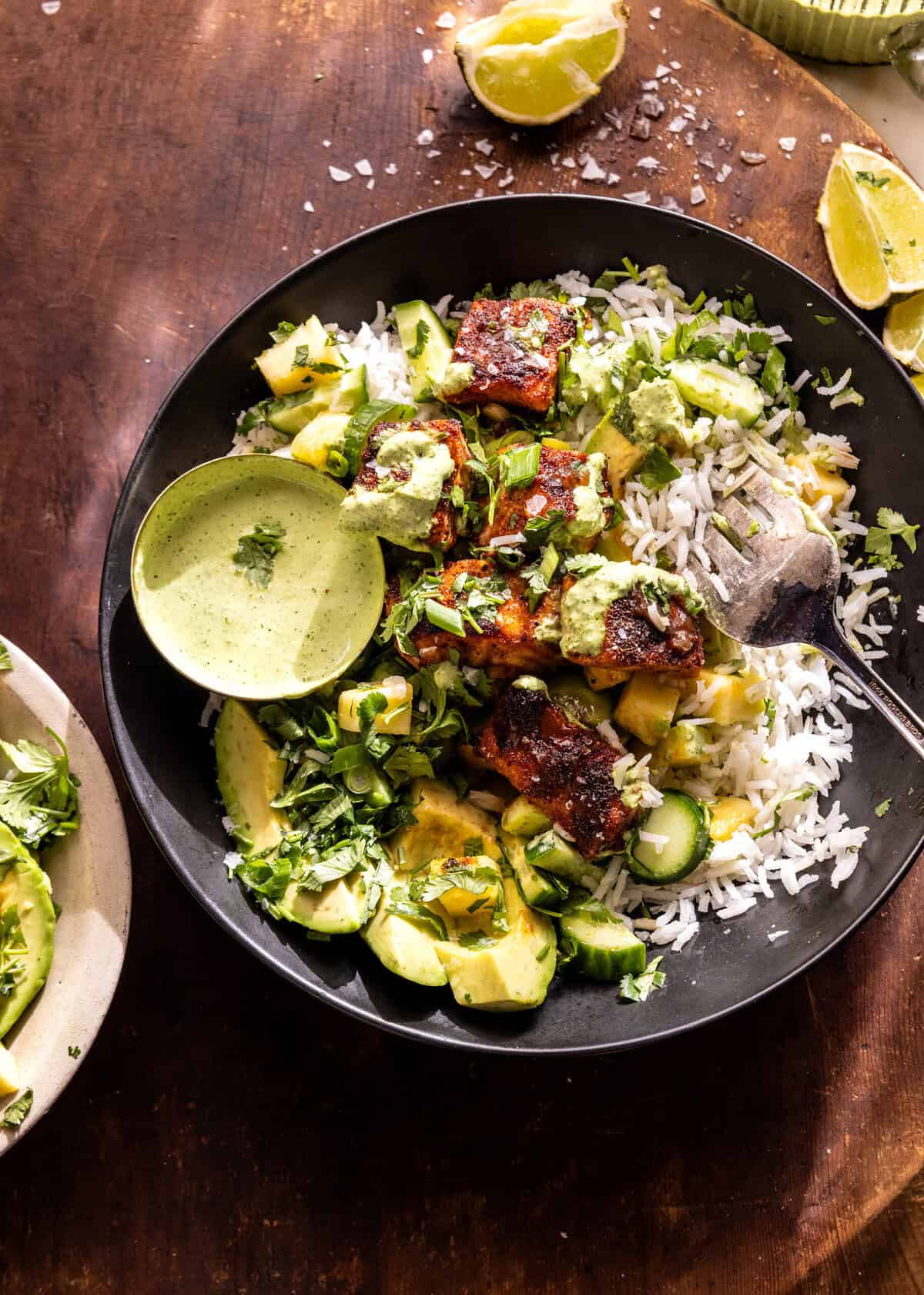 Chipotle Teriyaki Salmon Bowls with Creamy Green Sauce | halfbakedharvest.com