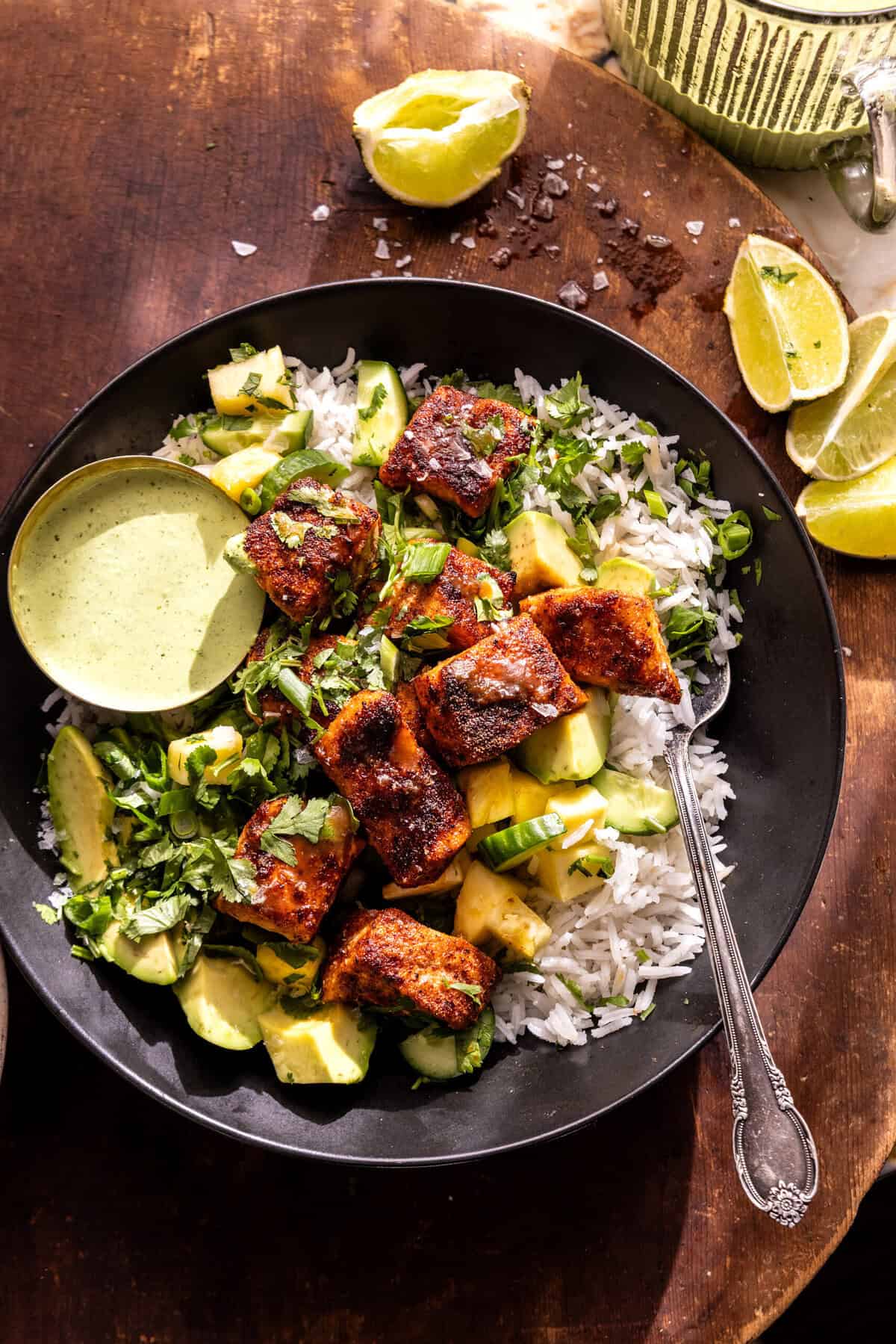 Chipotle Teriyaki Salmon Bowls with Creamy Green Sauce | halfbakedharvest.com