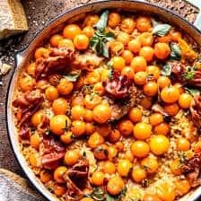 One Skillet Sun Gold Tomato Chicken and Orzo | halfbakedharvest.com