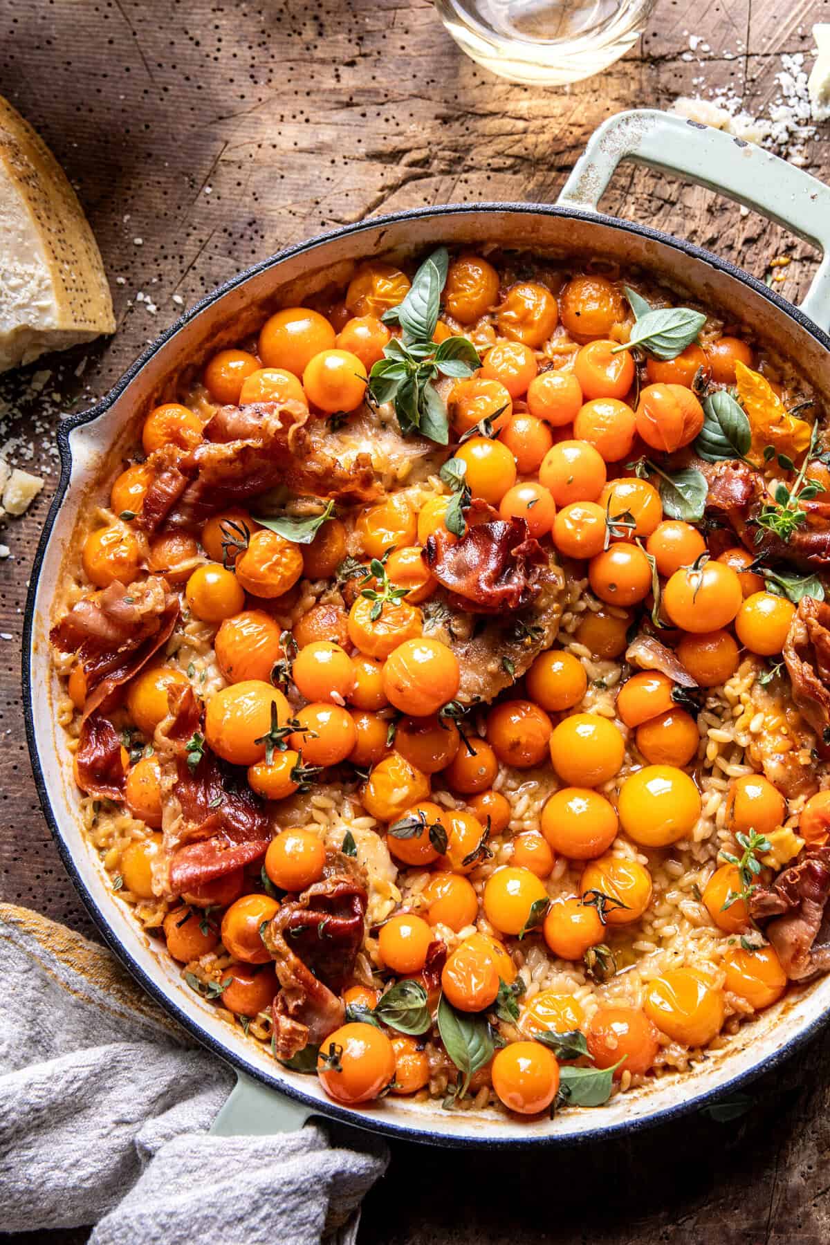One Skillet Sun Gold Tomato Chicken and Orzo | halfbakedharvest.com