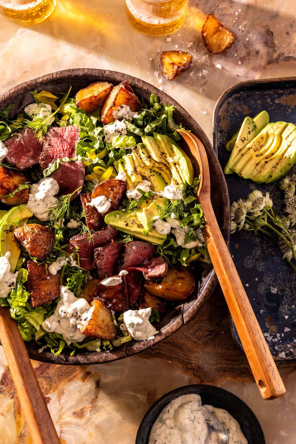 Steak and Crispy Potato Salad with Pickled Ranch | halfbakedharvest.com