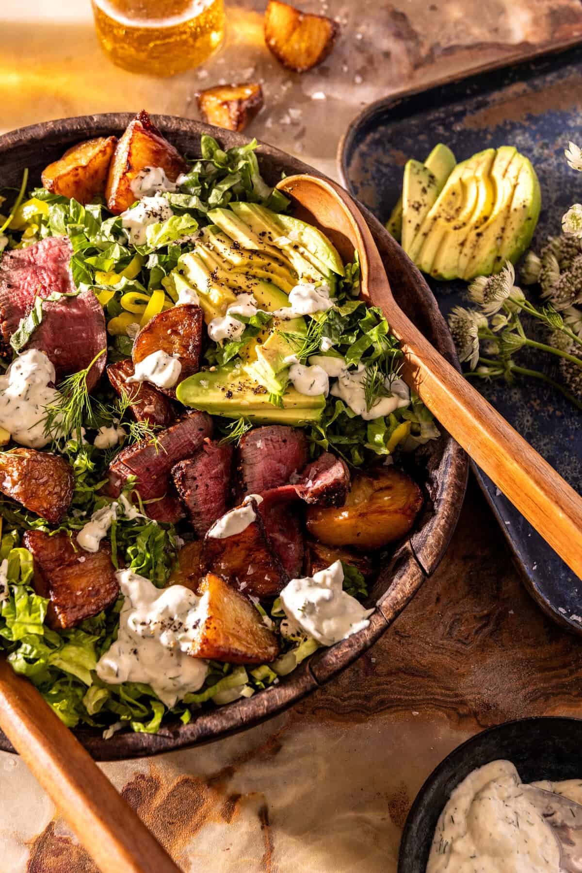 Steak and Crispy Potato Salad with Pickled Ranch | halfbakedharvest.com