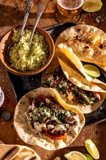 Fiesta Steak Fajitas with Creamy Jalapeno Verde Sauce | halfbakedharvest.com
