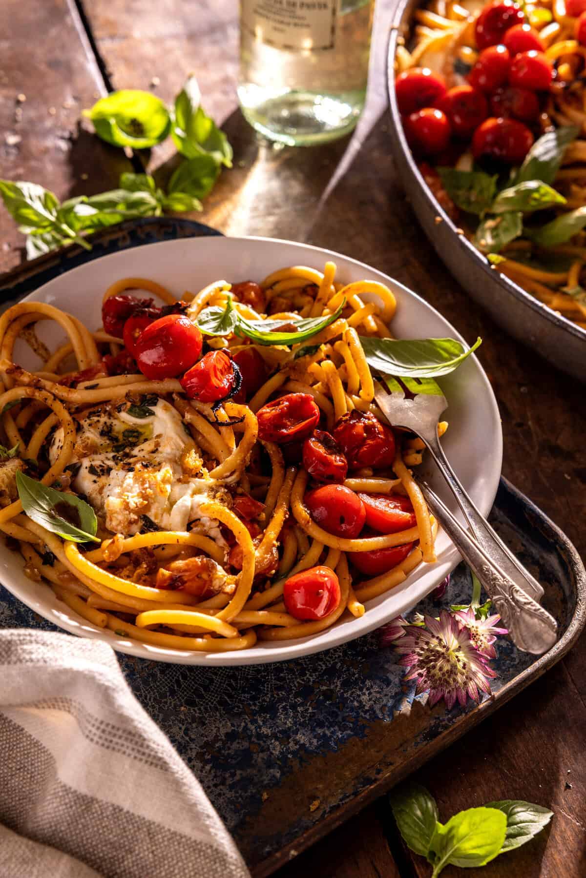 Skillet Burst Cherry Tomato White Wine Garlic Pasta | halfbakedharvest.com